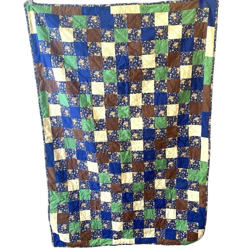 Vintage Hand Sew Quilted Patchwork Baby Blanket Monkey Jungle 52x35” Multicolor